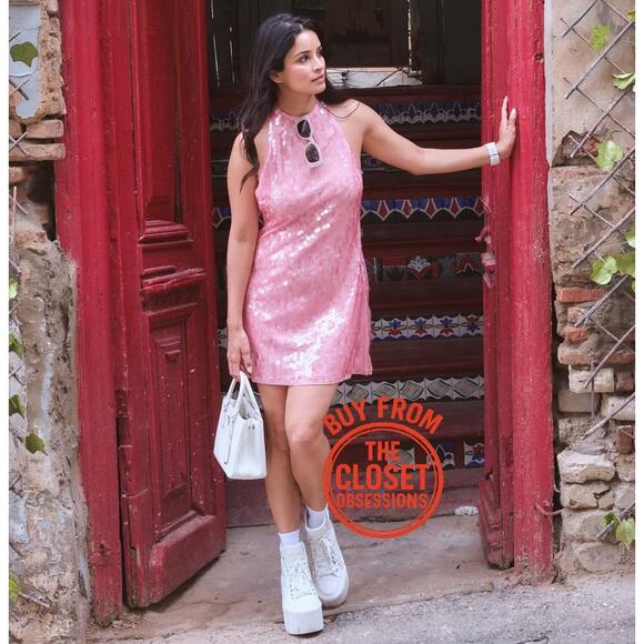 ZARA Pink Sequin Open Back Halter Mini Dress NWT | Blogger Favorite - Picture 14 of 16